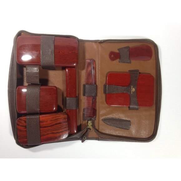 Men's Vintage Celluloid Vanity Travel Toiletry Grooming Set Kit Leather Case - Picture 1 of 12